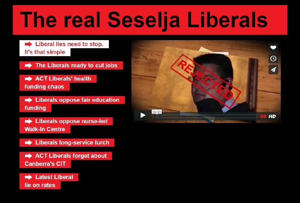 The fake Zed Seselja website was created by ACT Labor in 2012 but its domain was renewed in February 2016. Photo: Screenshot