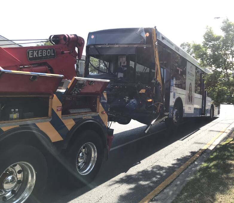 The bus crashed into three cars on Hamilton Road near the intersection with Kelso Street. Photo: Mackenzie Ravn - 7 News Brisbane