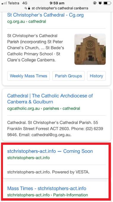 A screenshot of the Google search "St Christopher's Cathedral Canberra". The third listing, with a URL that reflects the church's title, is a pornography site. Photo: Supplied