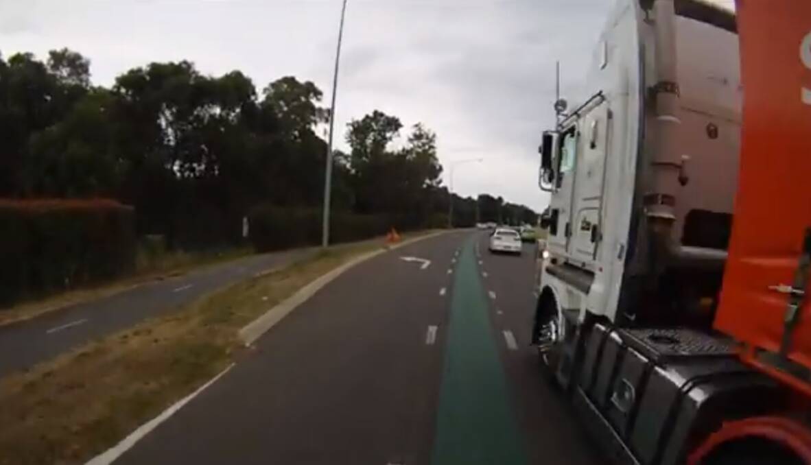 Andres Munoz captured the moment a truck almost sideswiped him on his helmet cam. Photo: Screengrab from clip