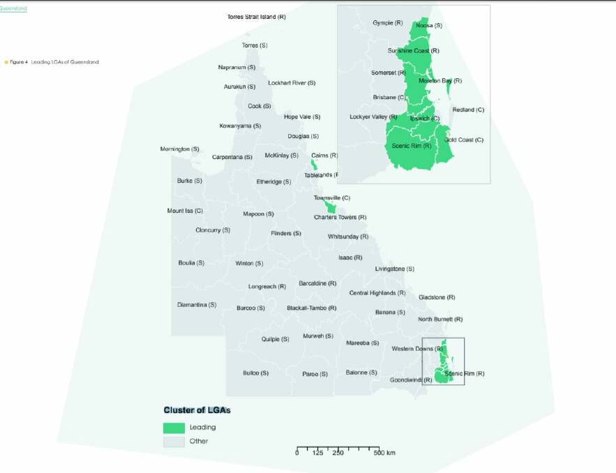 Performance of local government areas, with the ten leading areas shown in green. 
 Photo: Supplied