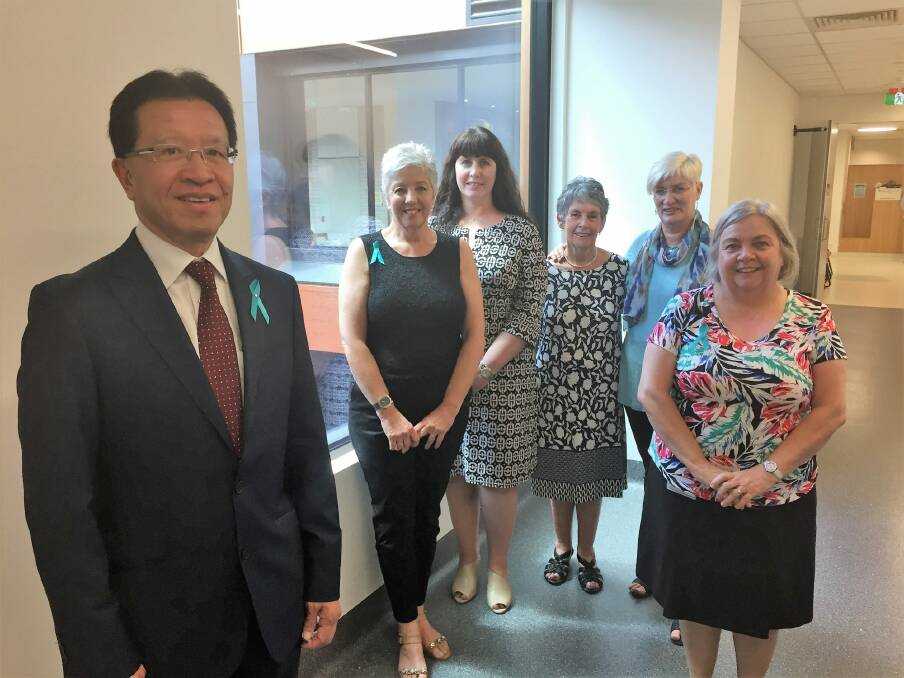 Acting executive director Women, Youth and Children's at the Canberra Hospital Dr Boon Lim with Gayle Doyle, Ruth and Sandra Zanker, OvCan's Jane Harriss and gynecological nurse Cathy Rumble. Photo: Kimberley Le Lievre
