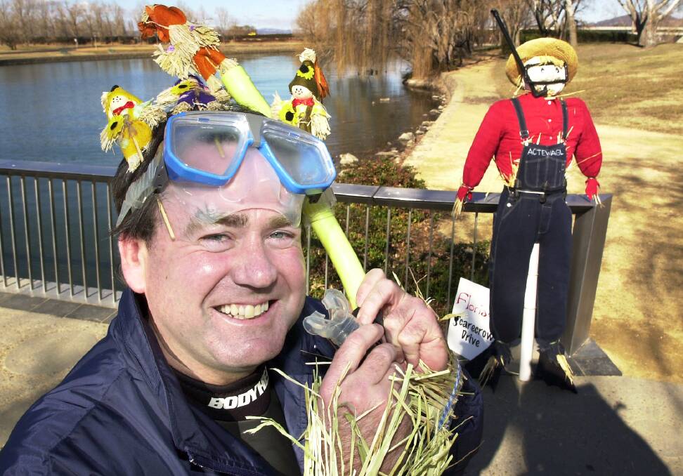 ActewAGL marketing manager Paul Walshe launches the ActewAGL Scarecrow Competition for Floriade in 2007. Photo: Jodie Richter