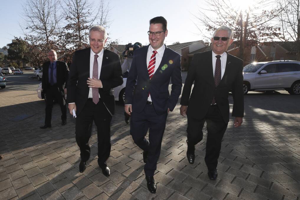 ACT Senator Zed Seselja and Prime Minister Scott Morrison and Aged Care Minister Ken Wyatt in 2018. Photo: Alex Ellinghausen