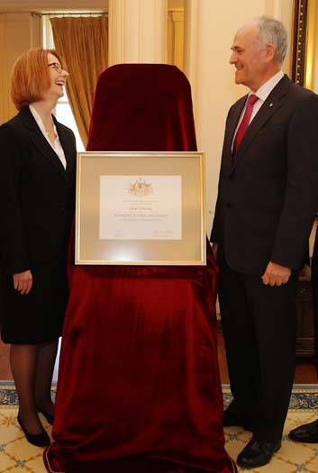Julia Gillard and Jewish community leader Peter Wertheim at the award ceremony on Monday. Photo: Alex Ellinghausen