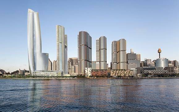 An artist's impression of James Packer’s Crown Casino complex, on the far left, at Barangaroo.  Photo: Supplied