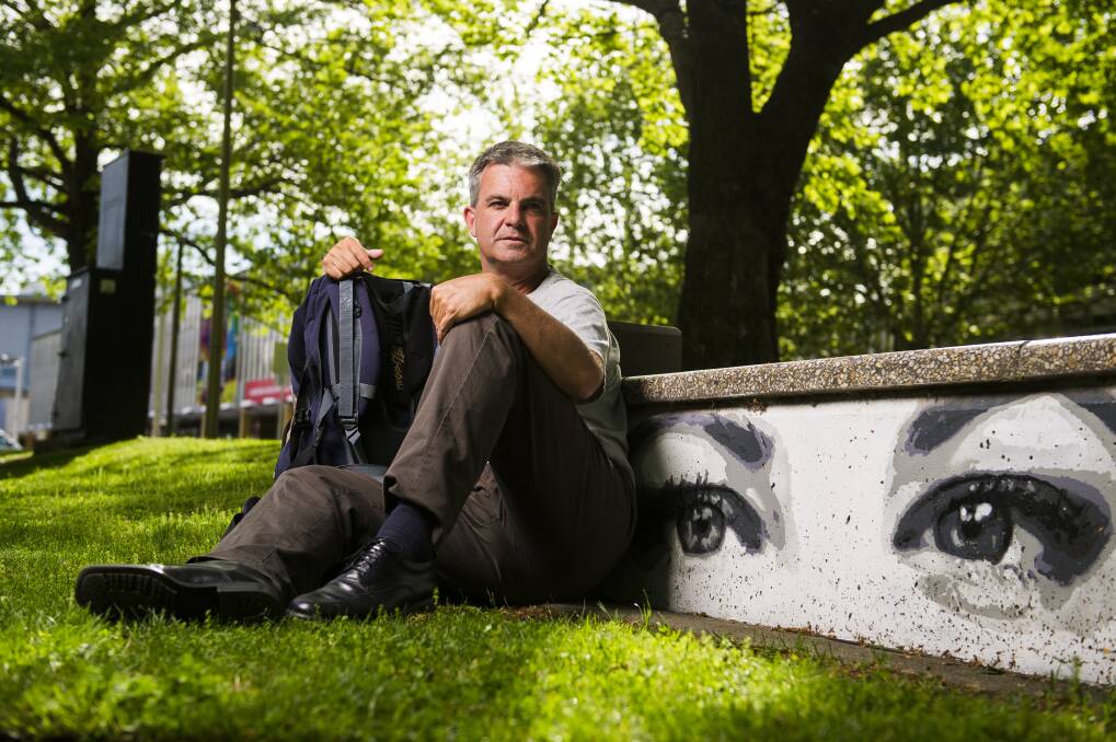 Wayne Parry in Canberra on Thursday, after arriving from Melbourne following his "hike against homelessness". Photo: Dion Georgopoulos