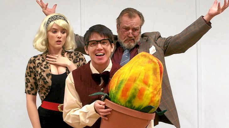Mutant mischief wraps itself around Audrey (Kelly Roberts), Seymour (Will Huang) and Mr Mushnik (Ian Croker) in <i>Little Shop of Horrors</i>.