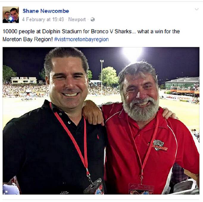 This photo of Shane Newcombe and Moreton Bay mayor Allan Sutherland at a Broncos pre-season match in Redcliffe last year was shared on Mr Newcombe's Facebook page. Photo: Facebook