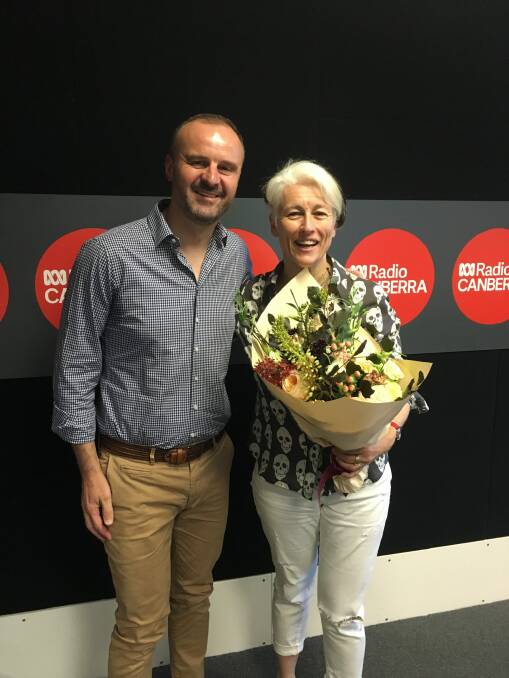 Andrew Barr after presenting outgoing ABC radio host Genevieve Jacobs with flowers last year: The average age of ABC television news viewers is the mid-60s, he says.