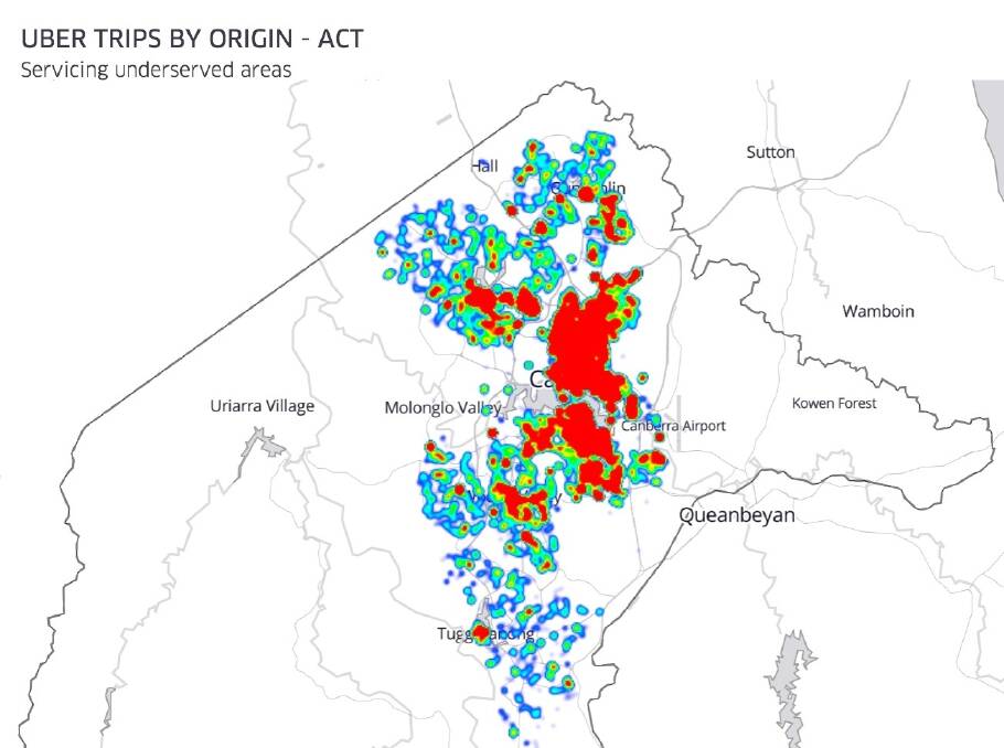 A heat map of Uber passenger requests in Canberra in November Photo: Supplied