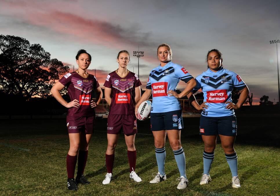 Origin: Brittany Breayley, Karina Brown, Ruan Sims and Simaima Taufa at North Sydney Oval ahead of next month's women's Origin. Photo: Grant Trouville, NRL Images
