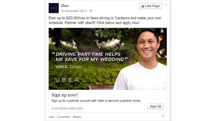 An Uber ad for Canberra drivers on Facebook.