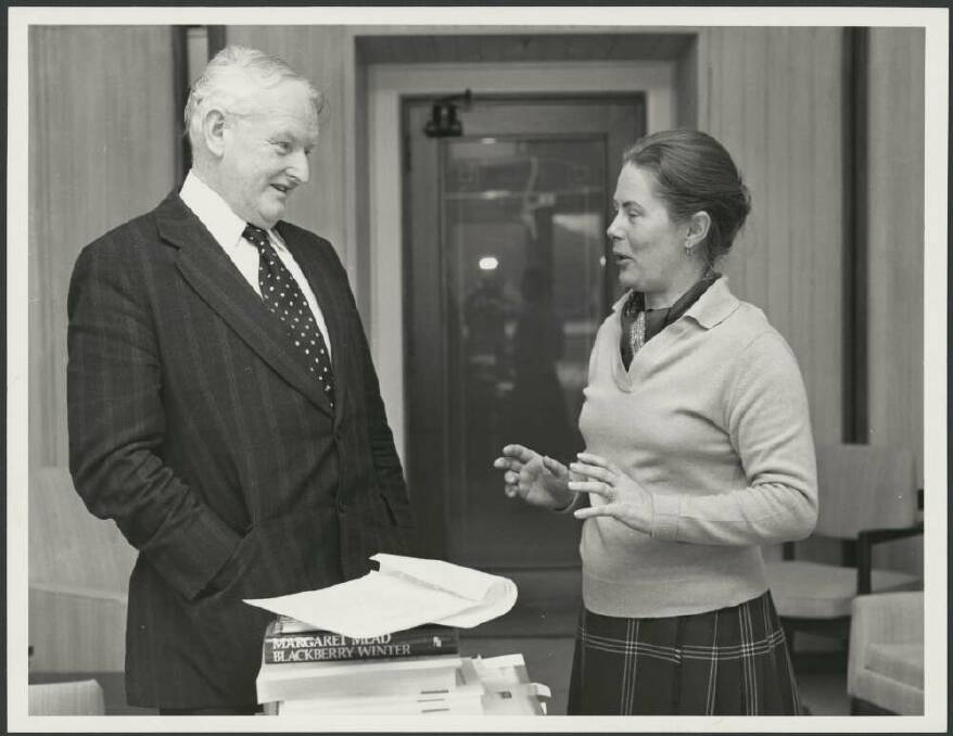 Gay Davidson, first woman bureau chief in the Federal Parliamentary Press Gallery, interviewing Frank Crean in his office, Parliament House, Canberra, 1975 Photo: National Library of Australia