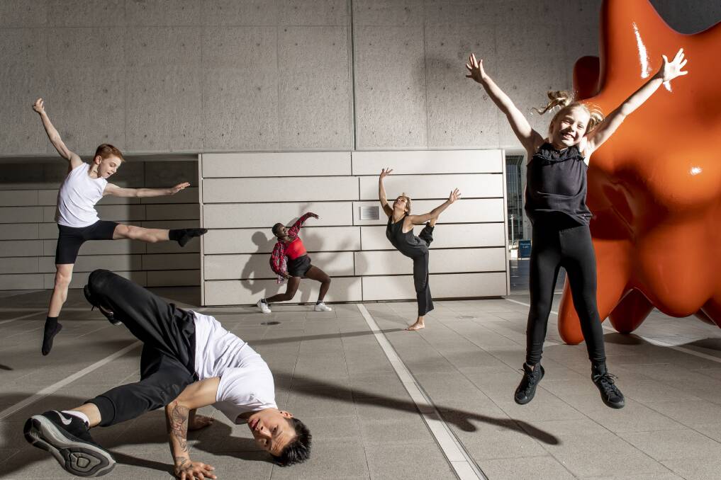 Gearing up for Dance Week (from left): Matthew Erlandson, a full-time student at Dance Development Centre; Project Beats director Chip Lo; contemporary dancer Hikma Aroub; independent dance artist Debora Di Centa; and Bom Funk dance studio student Emily Mullins. Photo: Sitthixay Ditthavong