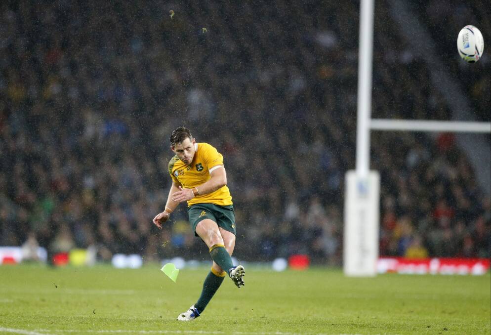 Bernard Foley scores a penalty during the Rugby World Cup quarterfinal match. Photo: Frank Augstein