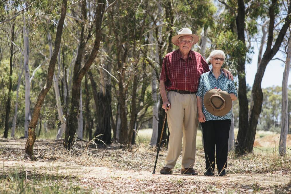 Bryan and Anne Furnass, of Hughes, at the new natural burial site at the Gungahlin Cemetery. Photo: Rohan Thomson