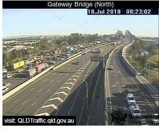 Traffic was already banking up just after 8am on the Gateway Motorway Bridge. Photo: Queensland Traffic