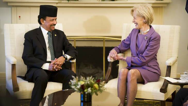 The Sultan of Brunei, Hassanal Bolkiah with the Governor General, Quentin Bryce, at Government House this morning. Photo: Rohan Thomson