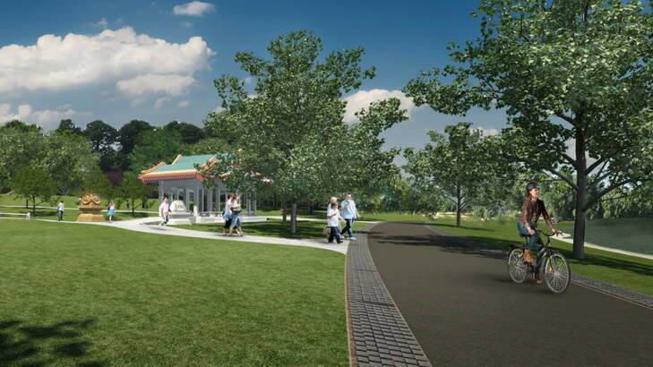An artist's impression of the Canberra Chinese Gardens - the view to the east from the new lakeside path. Photo: Supplied