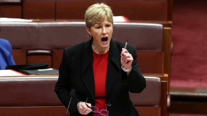 Greens leader Senator Christine Milne speaks on the carbon tax repeal bill in the Senate on Wednesday. Photo: Alex Ellinghausen