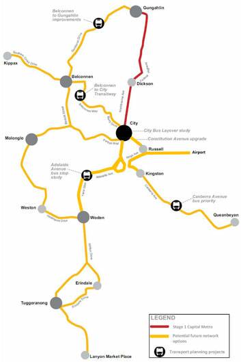 Capital Metro Stage 1 and potential future light rail network options. <em> Image: Supplied </em>