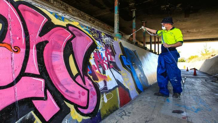 Street art site gets re-painted at the underpass of Badimara and Nemarang street in Waramanga. Steve Boles of Techni-Clean. Photo: Katherine Griffiths