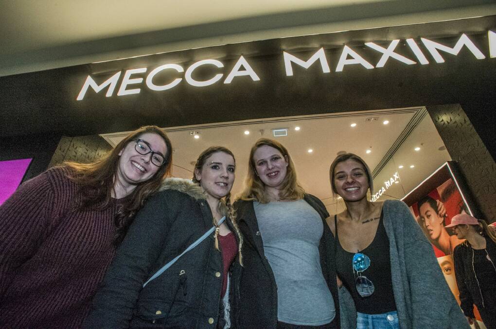 Tayla Macdonald, Naomi Vumbaca, Ingrid Smith, and Alexis Swaby were the first customers in queue for the opening of Mecca Maxima.  Photo: Karleen Minney