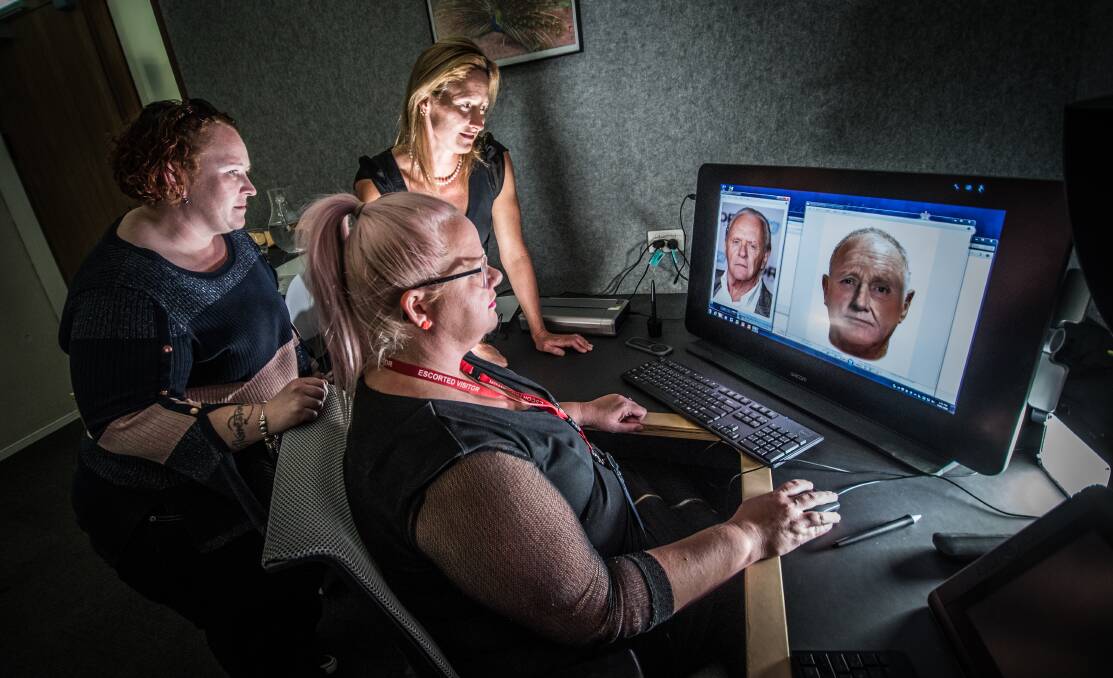 Pulling together my face-fit with the help of AFP forensic artists Michelle (far left) and Melanie (closest to screen). Photo: Karleen Minney
