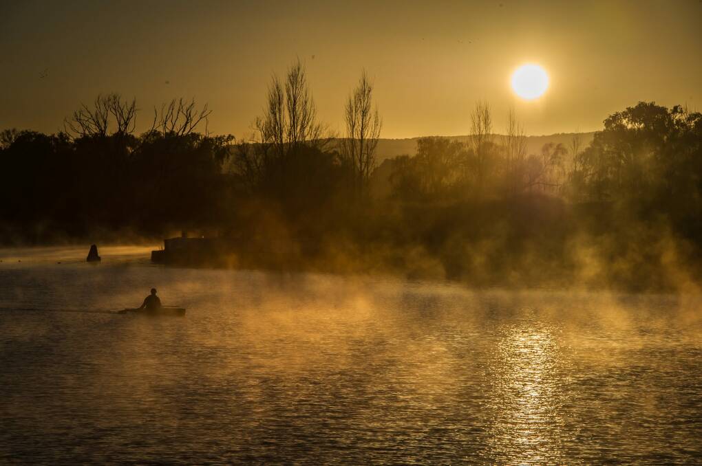 Moisture rising from Lake Burley Griffin at sunrise on the first day of winter 2017. Photo: Karleen Minney