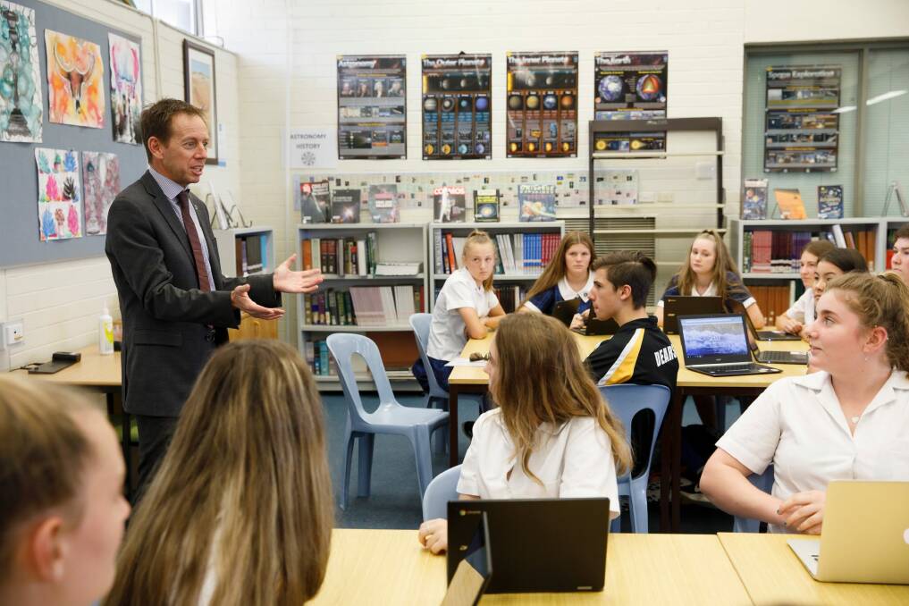 ACT Road Safety Minister Shane Rattenbury discusses proposed changes for P plate drivers with Year 10 students at Mt Stromlo High School on Tuesday.  Photo: Sitthixay Ditthavong