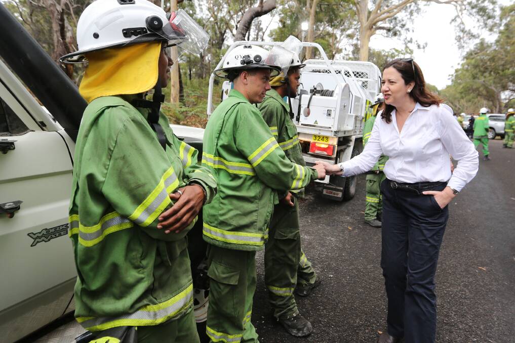 Premier Annastacia Palaszczuk visited North Stradbroke Island on Wednesday to thank firefighters for their efforts. Photo: Jack Tran/ Office of the Premier