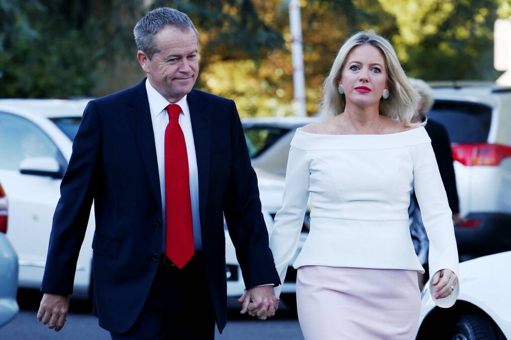 Opposition Leader Bill Shorten and Chloe Shorten arrive for the ecumenical service marking the beginning of the parliamentary year on Tuesday. Photo: Andrew Meares