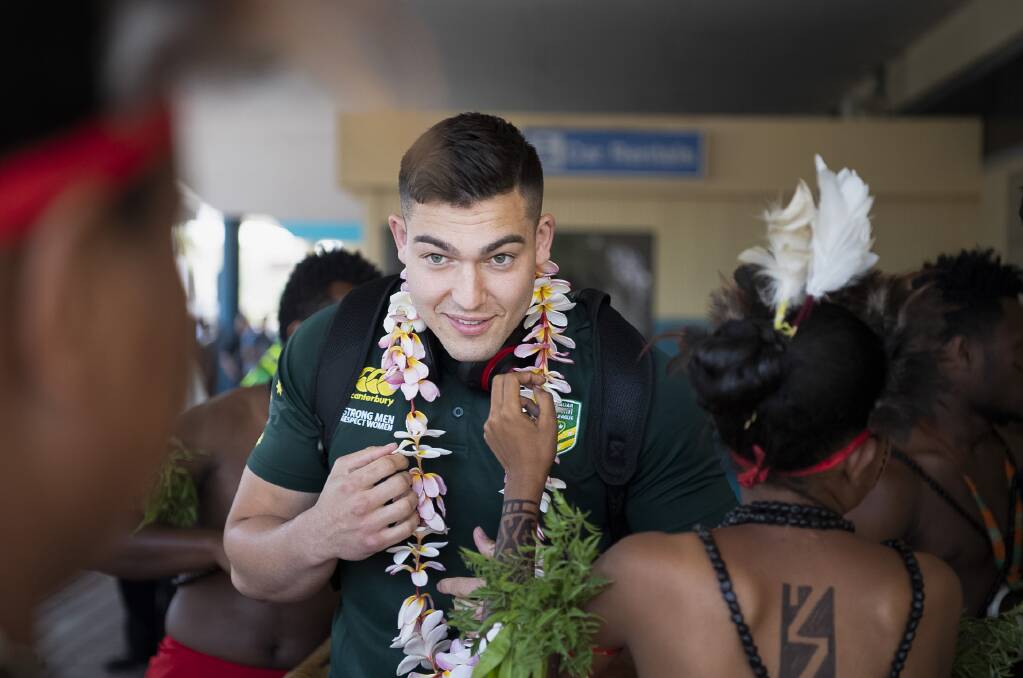 Nick Cotric arriving in Port Moresby with the PM's XIII team. Photo: NRL Imagery