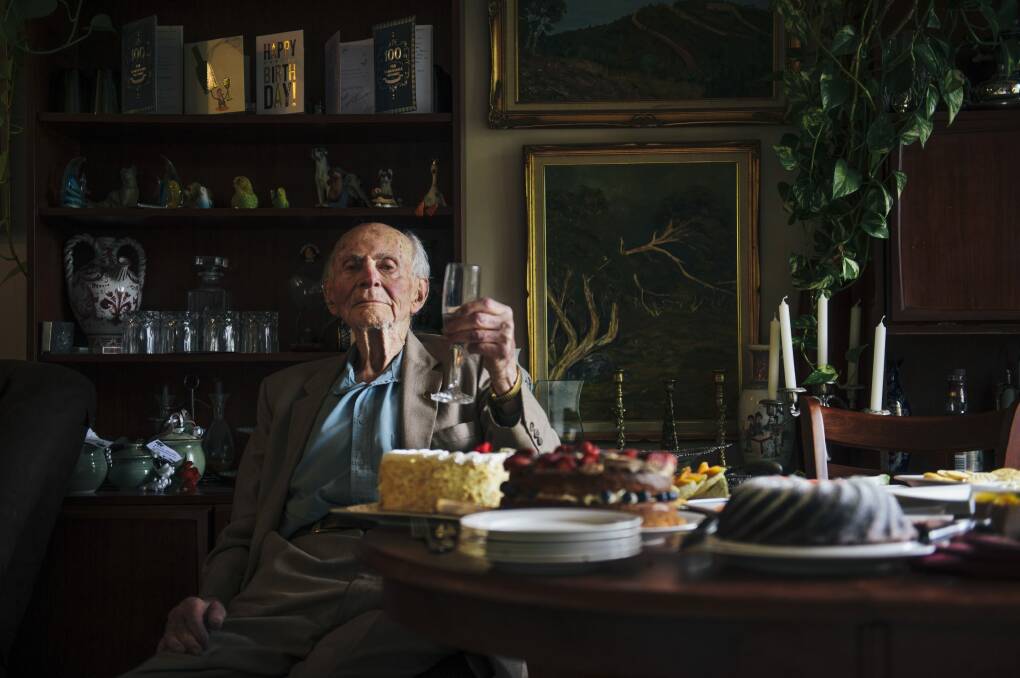 Centenarian Victor Lederer enjoys a glass of wine at his Canberra home.
 Photo: Rohan Thomson