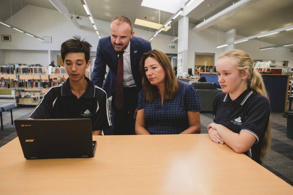 ACT Chief Minister Andrew Barr with Year 8 students Kayan Watterson and Victoria Burgess. Photo: Jamila Toderas