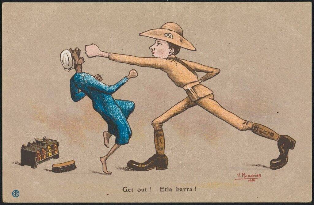 Aggressive, bullying exchange in Cairo. 1916 postcard. Photo: National Library of Australia