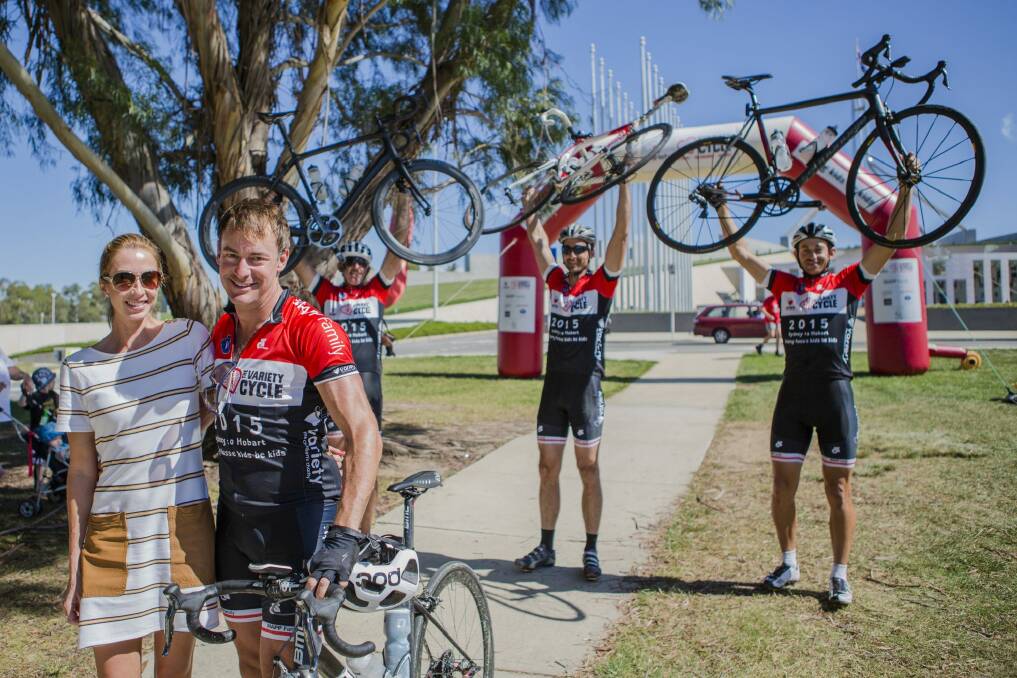 Variety Cycle founder Christopher Mapp (front), met up with his wife Victoria in Canberra on day three of the ride, which Wild Oats XI  crew (back from left) Steve Jarvin, Bryce Ruthenberg, and Nathan Ellis are relishing. Photo: Jamila Toderas