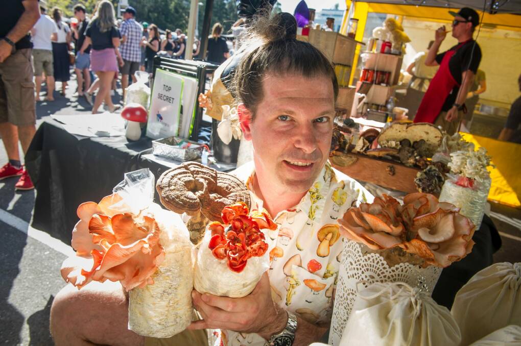 Founder of Fungi Co, Peter Wenzel with some of his mushroom produce sold at the Forage.  Photo: Elesa Kurtz