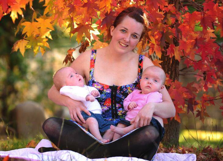 Cas Mahoney of Chifley will spend her first mothers day with five month old twin daughters Nahla and Maylia. Photo: Karleen Minney