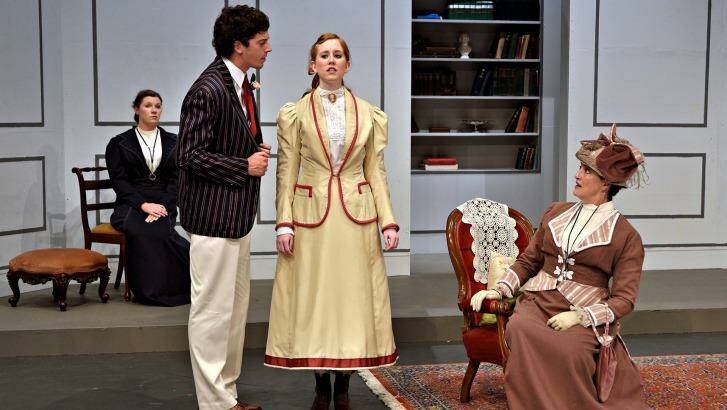 The Importance of Being Earnest: Kayleigh Brewster (Gwendolen), Miles Thompson (Algernon), Jessica Symonds (Cecily), and Karen Vickery (Lady Bracknell).  Photo: Ross Gould