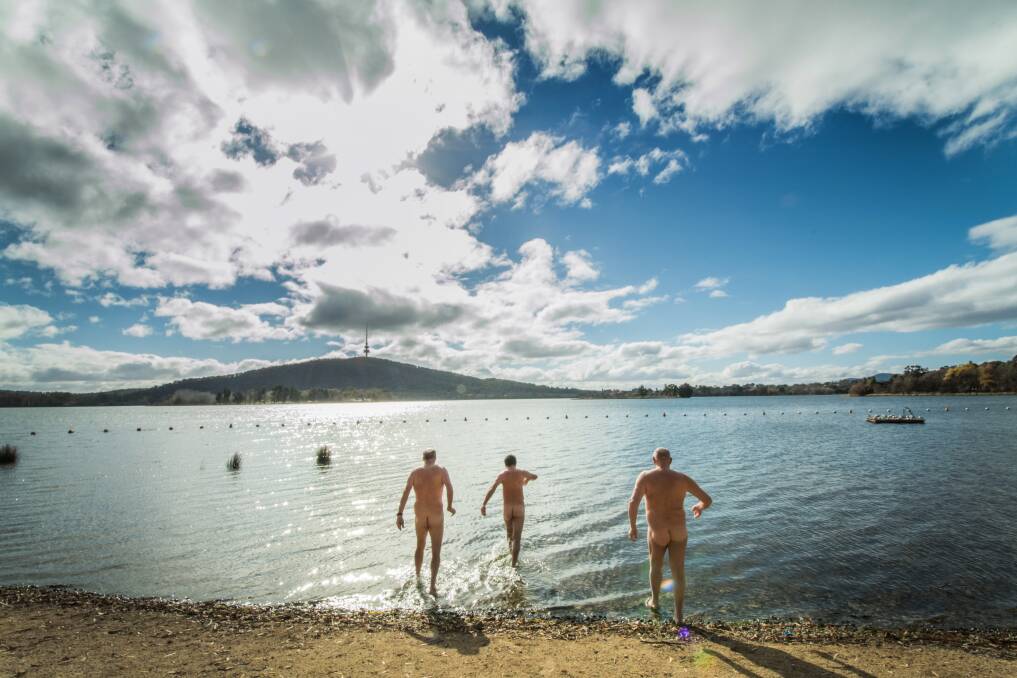 Swimmers, from left, Peter Linderman, Dave Hay and Ian Lindeman prepare for the Winter Solstice Nude Swim. Photo: Karleen Minney 
