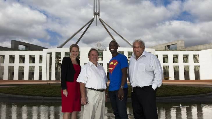Julie McKay (Young Australian of the Year 2013 ACT finalist), Dr Jim Peacock (Senior Australian of the Year 2013 ACT finalist), Francis Owusu (Australia's Local Hero ACT finalist) and Dr Tom Calma (Australian of the Year ACT finalist). Photo: Katherine Griffiths