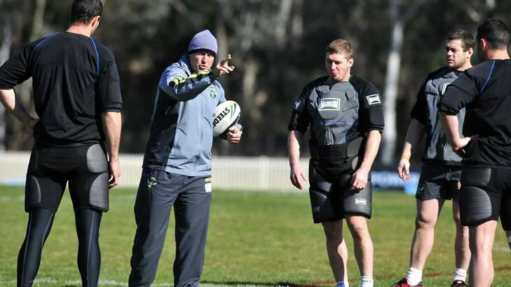 Sport.  Canberra Raiders coach David Furner with players Glen Buttriss and Shaun Fensom during training at Raiders HQ. Photo: Jeffrey Chan