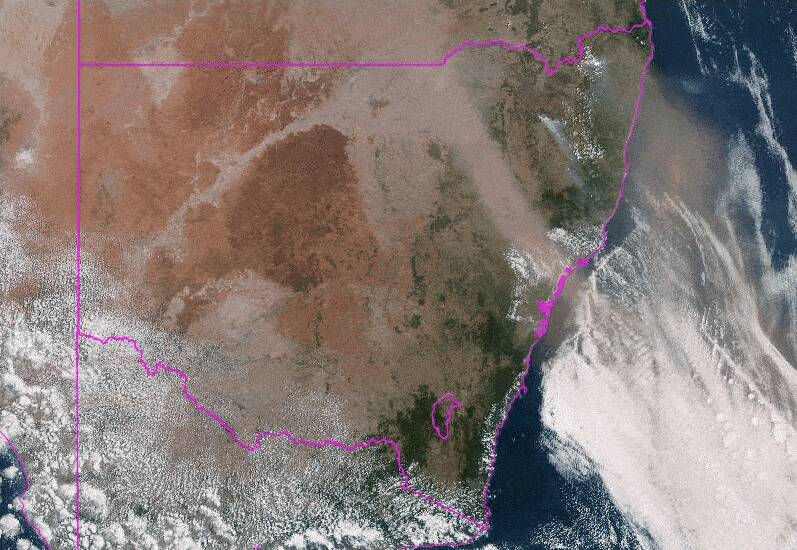 A satellite view of the dust storm as it passed over NSW and the ACT. Photo: Bureau of Meteorology