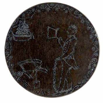 A convict love token- made up of a coin, engraved on both sides. One side features a man in chains, lifting his hat, standing beside a wheelbarrow with a sailing ship; in the distance. Photo: Supplied
