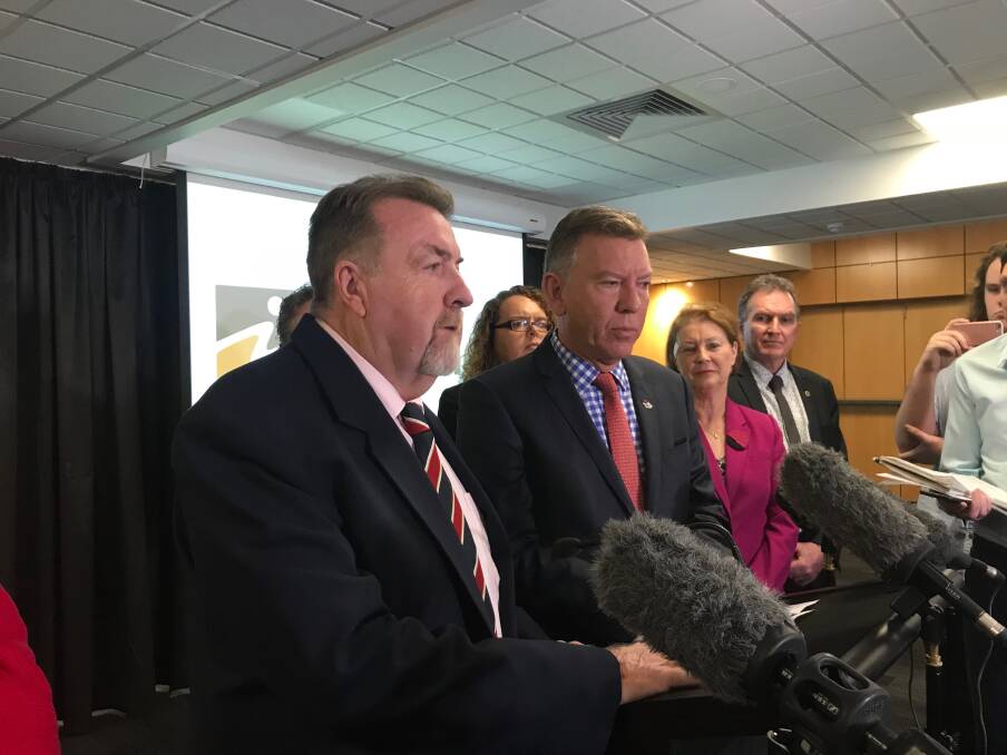 Ipswich councillor Paul Tully and Acting Mayor Wayne Wendt at a press conference on Wednesday. Photo: Amy Mitchell-Whittingdon