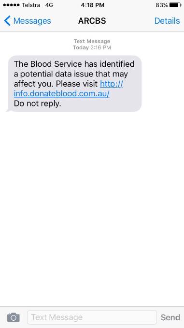 A text message that has gone out to those potentially affected by the Red Cross data breach. Photo: Supplied