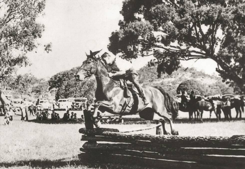 Out of the saddle for a jump at the 1948 Tharwa Show: About as far from a horse Max Oldfield ever was during those years.  Photo: Betty Oldfield