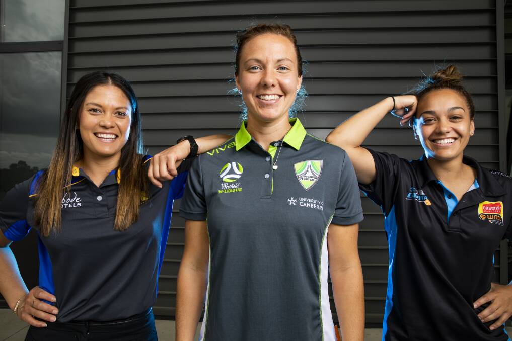 ACT Meteors' Angela Reakes, Canberra United's Rachel Corsie, and Canberra Capitals' Leilani Mitchell at the season launch. Photo: Sitthixay Ditthavong